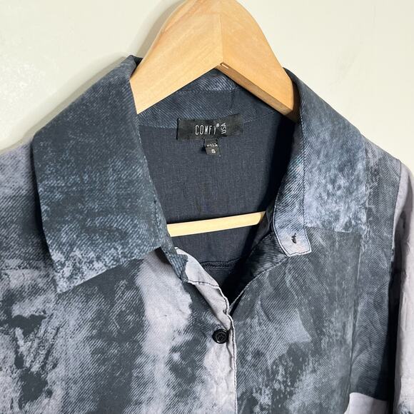 Comfy USA Women Long Sleeve Button Up Tunic Top Small Blue Gray Artsy Lagenlook - Picture 6 of 9